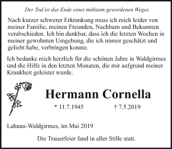 Traueranzeige von Hermann Cornella von 201 WNZ - Wetzlarer Neue Zeitung (110)
