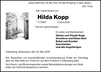 Traueranzeige von Hilda Kopp von 206 WBT - Weilburger Tageblatt (140)