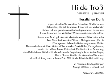 Traueranzeige von Hilde Troß von 201 WNZ - Wetzlarer Neue Zeitung (110)