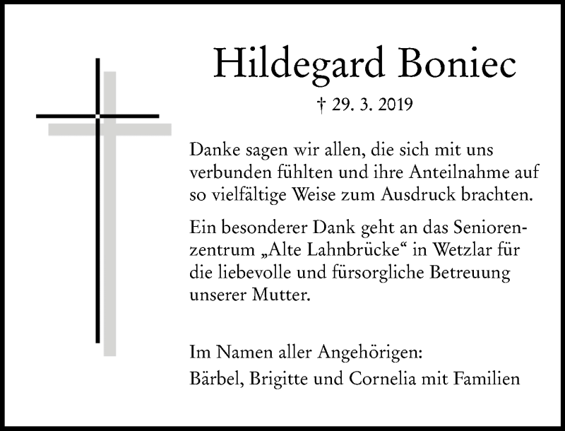  Traueranzeige für Hildegard Boniec vom 06.05.2019 aus 201 WNZ - Wetzlarer Neue Zeitung (110)