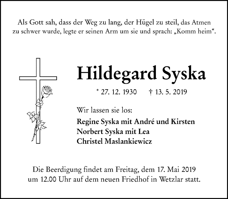  Traueranzeige für Hildegard Syska vom 15.05.2019 aus 201 WNZ - Wetzlarer Neue Zeitung (110)
