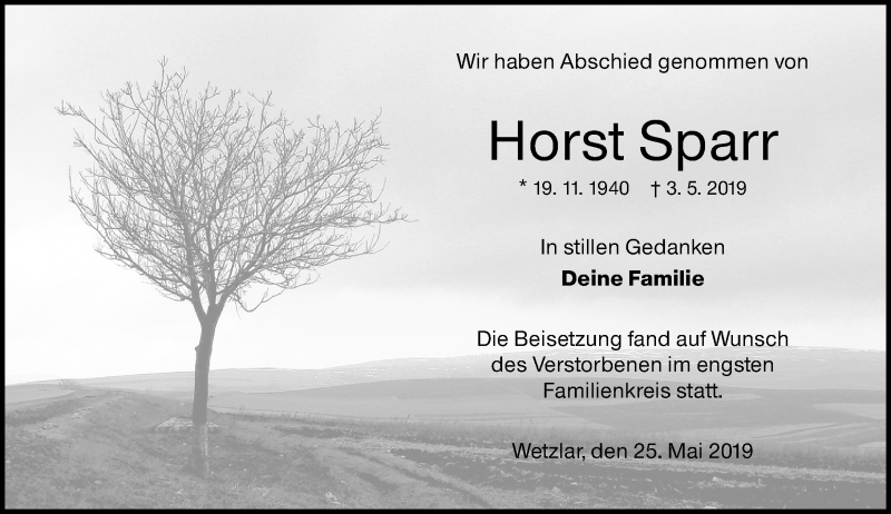  Traueranzeige für Horst Sparr vom 25.05.2019 aus 201 WNZ - Wetzlarer Neue Zeitung (110)