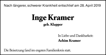Traueranzeige von Inge Kramer von 206 WBT - Weilburger Tageblatt (140)