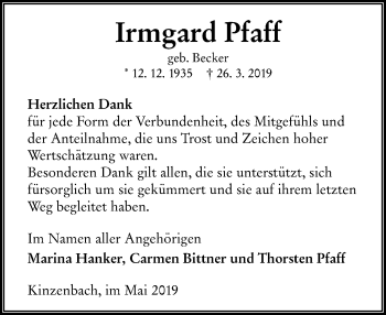Traueranzeige von Irmgard Pfaff von 201 WNZ - Wetzlarer Neue Zeitung (110)