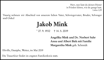 Traueranzeige von Jakob Mink von 205 HA - Hinterländer Anzeiger (130)