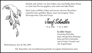 Traueranzeige von Josef Schindler von 202 Dill Block (120)