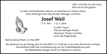 Traueranzeige von Josef Weil von 582 Camberger Anzeiger