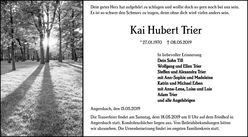  Traueranzeige für Kai Hubert Trier vom 15.05.2019 aus VRM Trauer