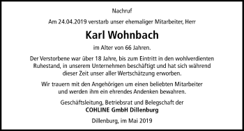 Traueranzeige von Karl Wohnbach von 202 Dill Block (120)