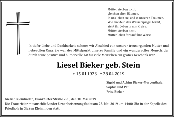 Traueranzeige von Liesel Bieker von 560 Gießener Anzeiger