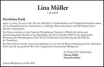 Traueranzeige von Lina Müller von 201 WNZ - Wetzlarer Neue Zeitung (110)