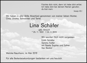 Traueranzeige von Lina Schäfer von 201 WNZ - Wetzlarer Neue Zeitung (110)