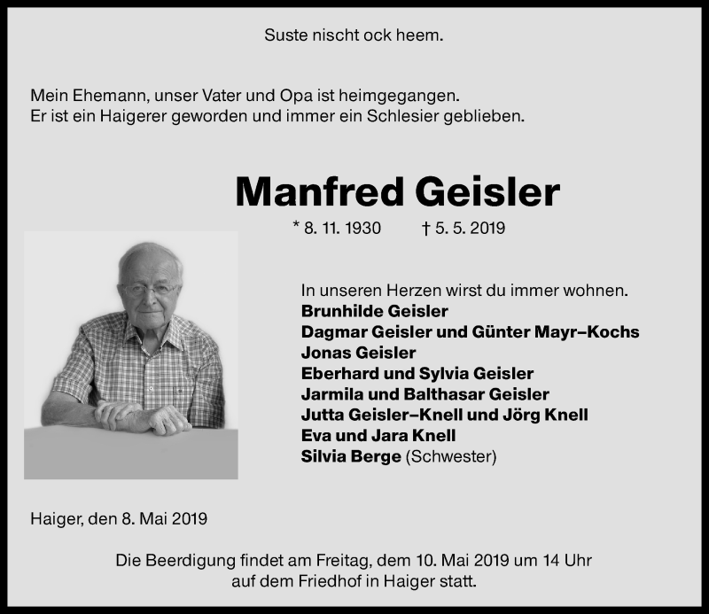  Traueranzeige für Manfred Geisler vom 08.05.2019 aus 202 Dill Block (120)