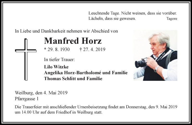  Traueranzeige für Manfred Horz vom 04.05.2019 aus 206 WBT - Weilburger Tageblatt (140)