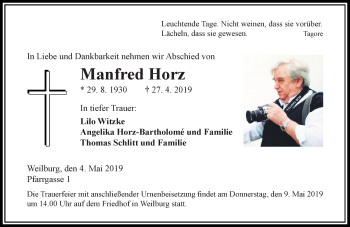 Traueranzeige von Manfred Horz von 206 WBT - Weilburger Tageblatt (140)