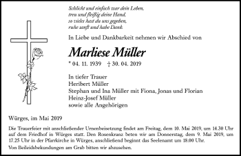 Traueranzeige von Marliese Müller von 582 Camberger Anzeiger