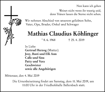 Traueranzeige von Mathias Claudius Köhlinger von 202 Dill Block (120)