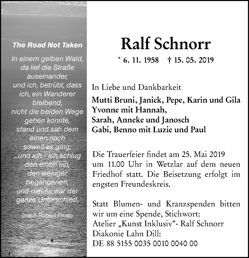  Traueranzeige für Ralf Schnorr vom 22.05.2019 aus 201 WNZ - Wetzlarer Neue Zeitung (110)