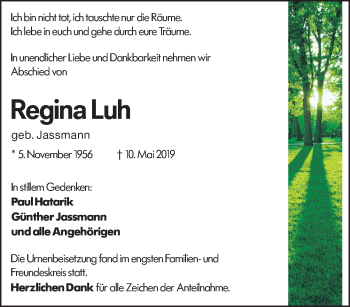 Traueranzeige von Regina Luh von 201 WNZ - Wetzlarer Neue Zeitung (110)