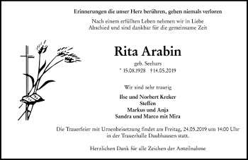 Traueranzeige von Rita Arabin von 201 WNZ - Wetzlarer Neue Zeitung (110)
