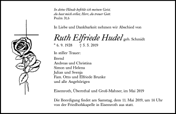 Traueranzeige von Ruth Elfriede Hudel von 202 Dill Block (120)
