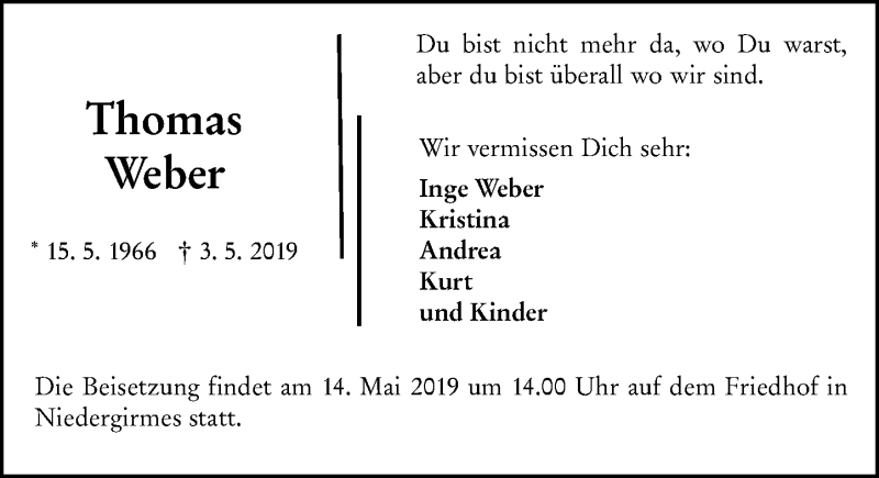  Traueranzeige für Thomas Weber vom 11.05.2019 aus 201 WNZ - Wetzlarer Neue Zeitung (110)