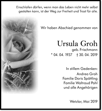 Traueranzeige von Ursula Groh von 201 WNZ - Wetzlarer Neue Zeitung (110)