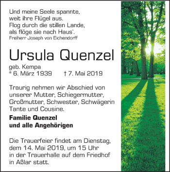 Traueranzeige von Ursula Quenzel von 201 WNZ - Wetzlarer Neue Zeitung (110)