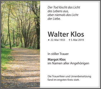 Traueranzeige von Walter Klos von 582 Camberger Anzeiger