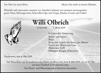 Traueranzeige von Willi Olbrich von 201 WNZ - Wetzlarer Neue Zeitung (110)