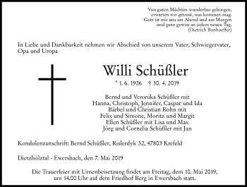 Traueranzeige von Willi Schüßler von 202 Dill Block (120)