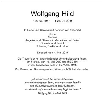 Traueranzeige von Wolfgang Hild von 202 Dill Block (120)