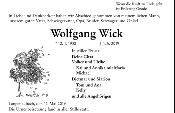 Traueranzeige von Wolfgang Wick von 202 Dill Block (120)