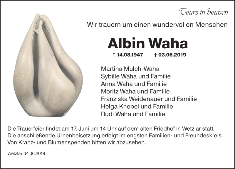  Traueranzeige für Albin Waha vom 08.06.2019 aus 201 WNZ - Wetzlarer Neue Zeitung (110)