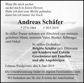 Traueranzeige von Andreas Schäfer von 201 WNZ - Wetzlarer Neue Zeitung (110)