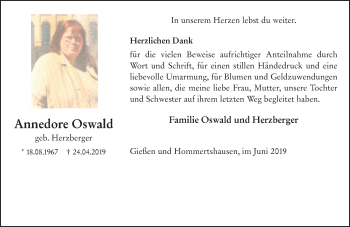 Traueranzeige von Annedore Oswald von 205 HA - Hinterländer Anzeiger (130)