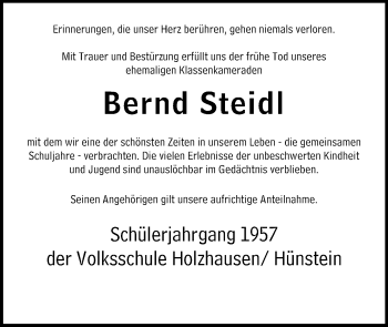 Traueranzeige von Bernd Steidl von 205 HA - Hinterländer Anzeiger (130)