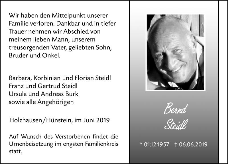  Traueranzeige für Bernd Steidl vom 12.06.2019 aus 205 HA - Hinterländer Anzeiger (130)