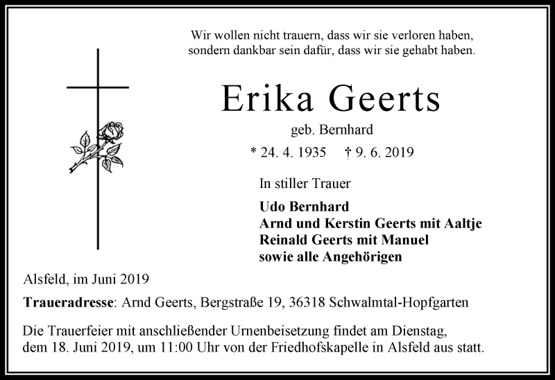  Traueranzeige für Erika Geerts vom 15.06.2019 aus VRM Trauer