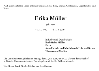 Traueranzeige von Erika Müller von 201 WNZ - Wetzlarer Neue Zeitung (110)