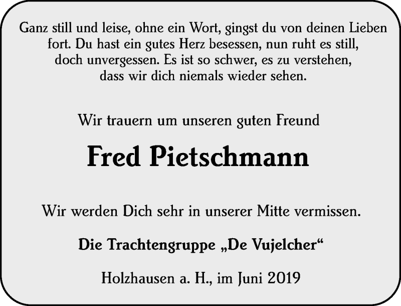  Traueranzeige für Fred Pietschmann vom 12.06.2019 aus 205 HA - Hinterländer Anzeiger (130)