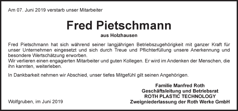  Traueranzeige für Fred Pietschmann vom 12.06.2019 aus 205 HA - Hinterländer Anzeiger (130)