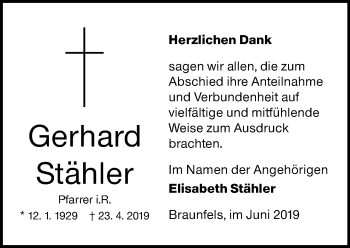 Traueranzeige von Gerhard Stähler von 201 WNZ - Wetzlarer Neue Zeitung (110)