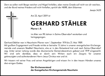 Traueranzeige von Gerhard Stähler von 201 WNZ - Wetzlarer Neue Zeitung (110)