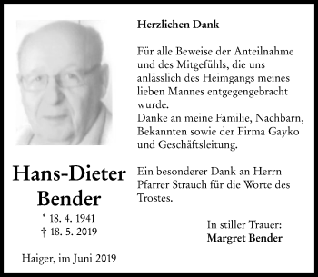 Traueranzeige von Hans-Dieter Bender von 202 Dill Block (120)