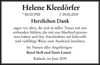 Traueranzeige von Helene Kleedörfer von 206 WBT - Weilburger Tageblatt (140)