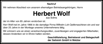 Traueranzeige von Herbert Wolf von 201 WNZ - Wetzlarer Neue Zeitung (110)