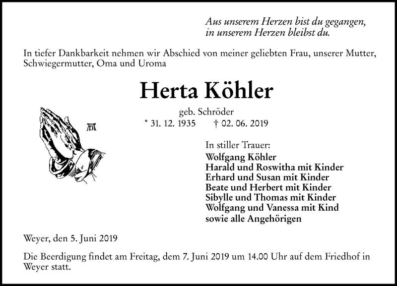  Traueranzeige für Herta Köhler vom 05.06.2019 aus 206 WBT - Weilburger Tageblatt (140)