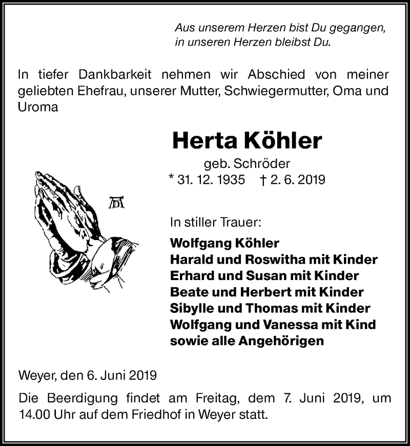  Traueranzeige für Herta Köhler vom 06.06.2019 aus 582 Camberger Anzeiger