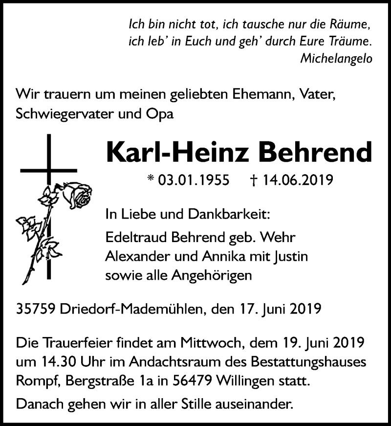  Traueranzeige für Karl-Heinz Behrend vom 17.06.2019 aus 202 Dill Block (120)